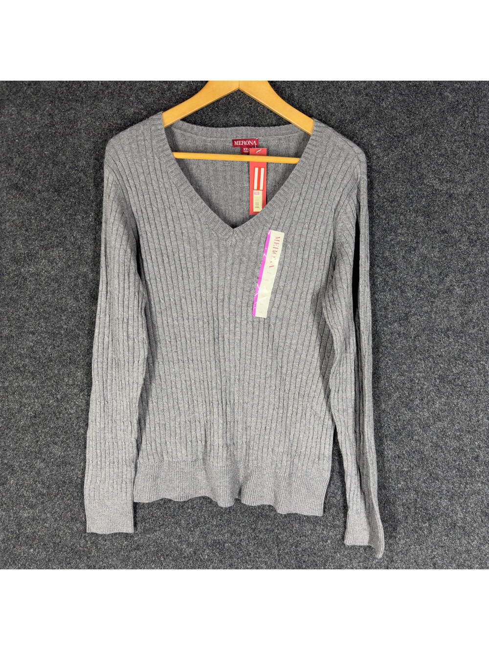 New Merona Sweater Pullover Women 2XL Gray Knit Long Sleeve V-Neck Cotton Casual